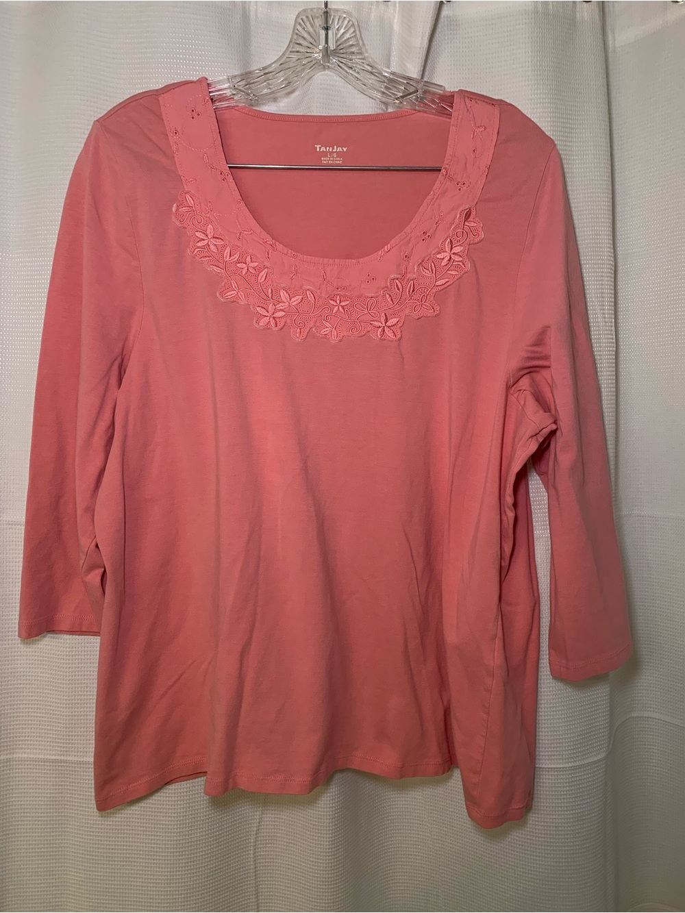 TanJay Coral Scoop Neck Short Sleeve Top with Floral Embroidery